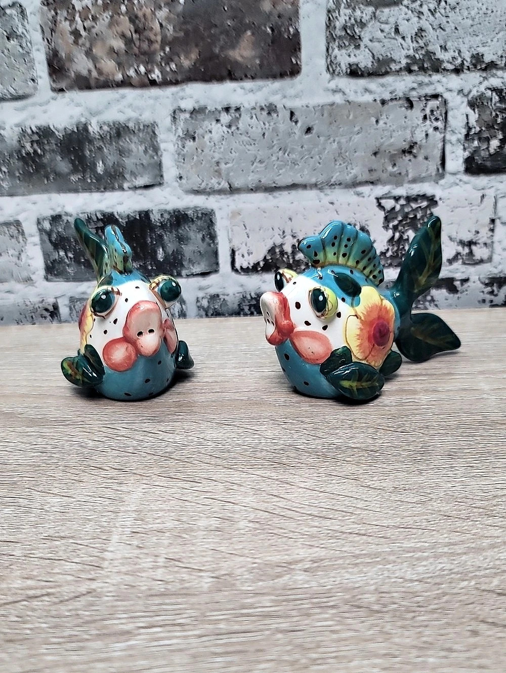 Blue Sky Kissing Fish Ceramic Salt & Pepper Shakers Signed By Diane